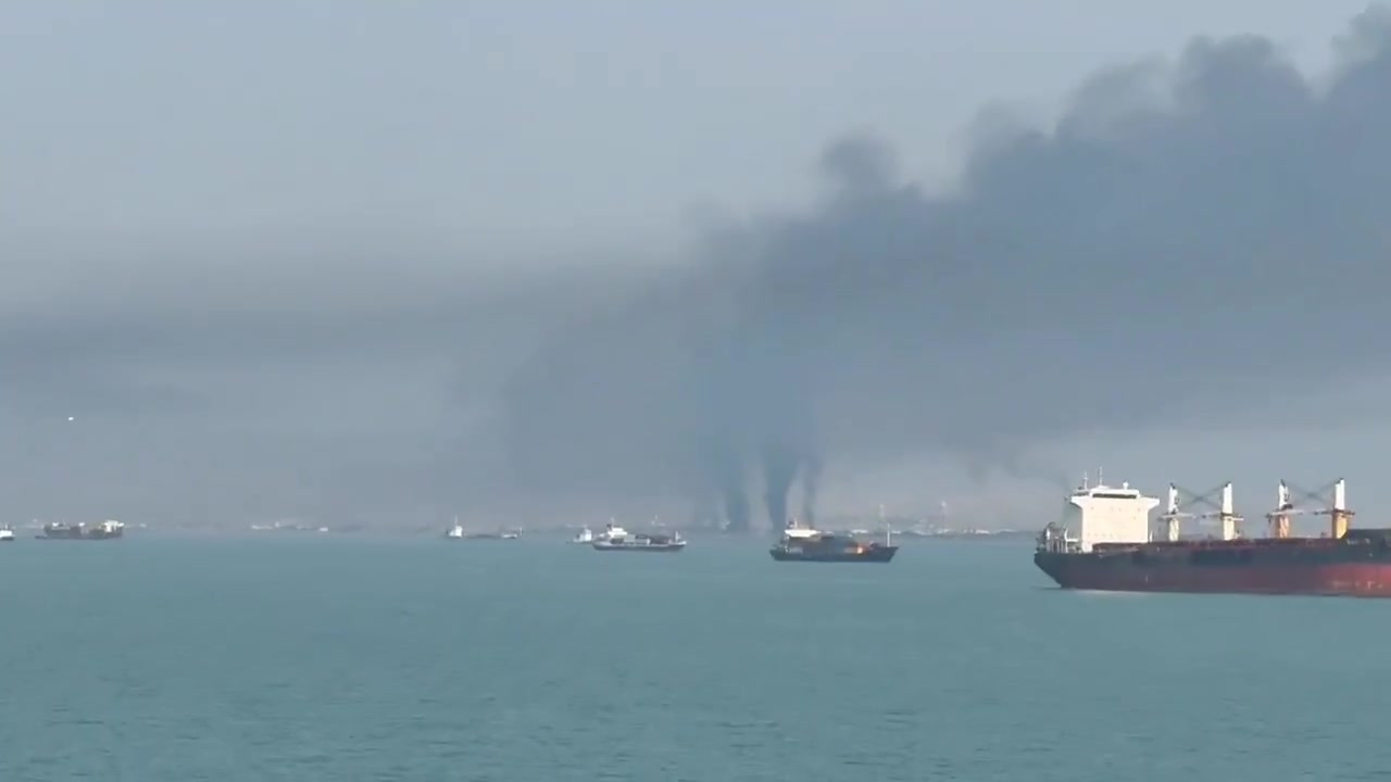 The Iranian Navy’s home port of Bandar Abbas is ablaze this morning, with pillars of smoke rising from the facility after a series of U.S. airstrikes