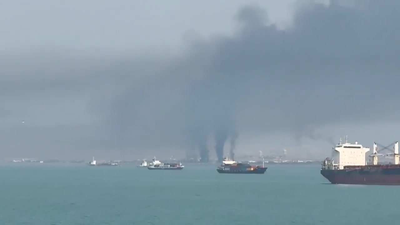 The Iranian Navy’s home port of Bandar Abbas is ablaze this morning, with pillars of smoke rising from the facility after a series of U.S. airstrikes