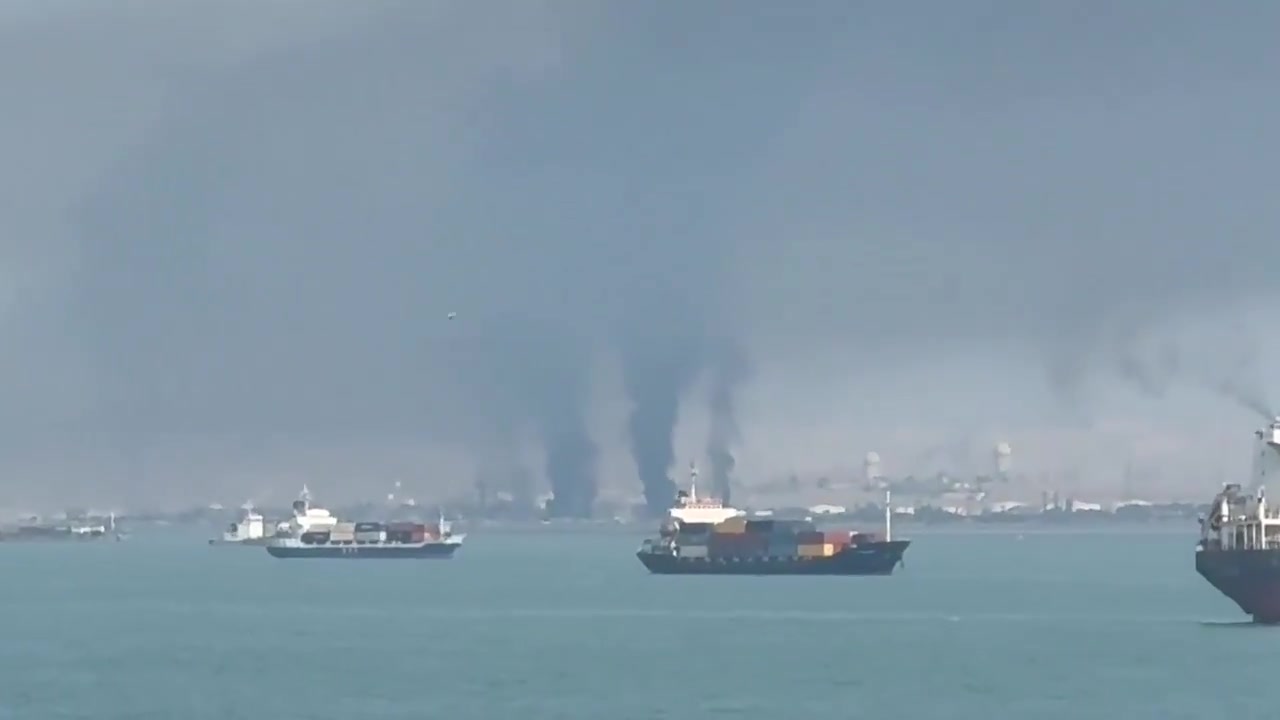 The Iranian Navy’s home port of Bandar Abbas is ablaze this morning, with pillars of smoke rising from the facility after a series of U.S. airstrikes