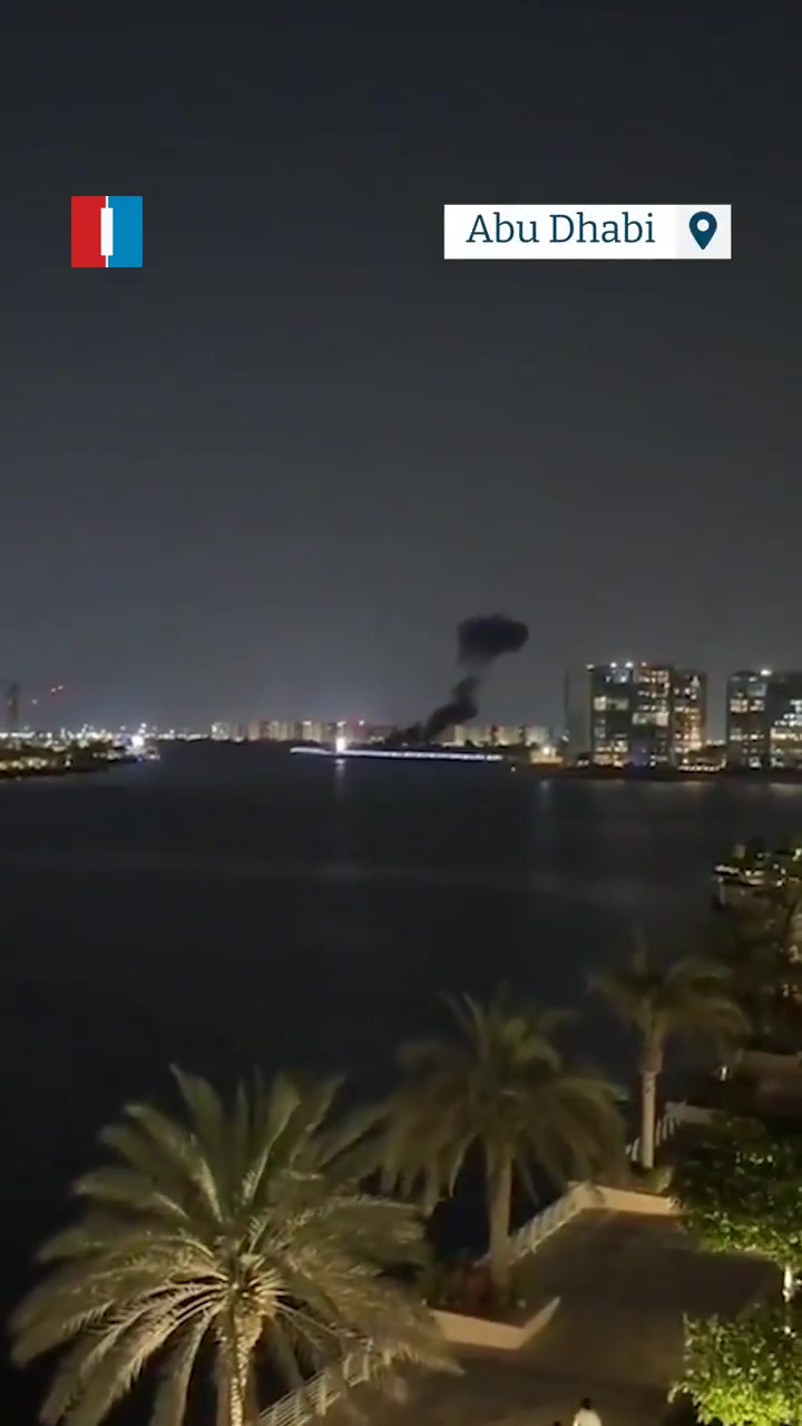 A video circulating on social media shows plumes of smoke rising after an Iranian airstrike on Abu Dhabi, the United Arab Emirates
