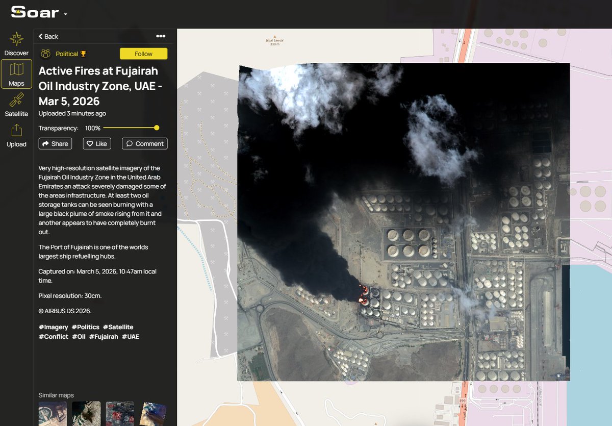 Soar Atlas has obtained new very high-resolution satellite imagery of Fujairah Oil Industry Zone in UAE, from Mar 5th. Explore & compare here:  tanks are seen engulfed in flames as workers spray water to cool others. One tank is already destroyed