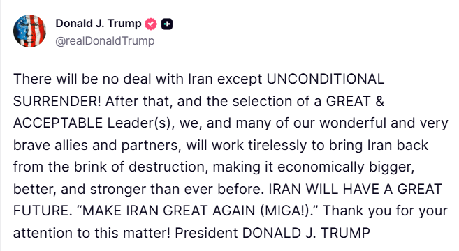 Trump: no deal with Iran except unconditional surrender