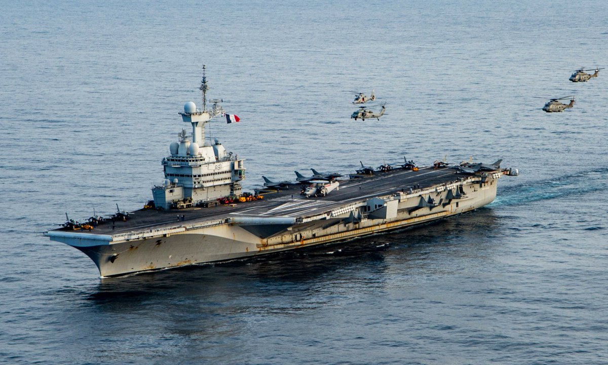 French  aircraft carrier Charles de Gaulle just crossed the Gibraltar strait. Its carrier strike group is composed of 2 French  frigates, 1 Spanish, 1 Dutch, 1 Italian, as well as a French submarine and a supply ship