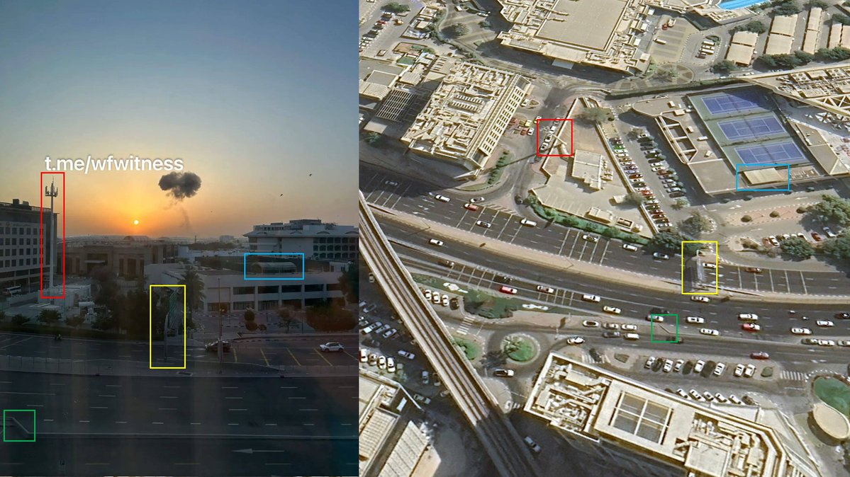 Geolocation of a photo showing smoke rising from the direction of the Dubai International Airport.
