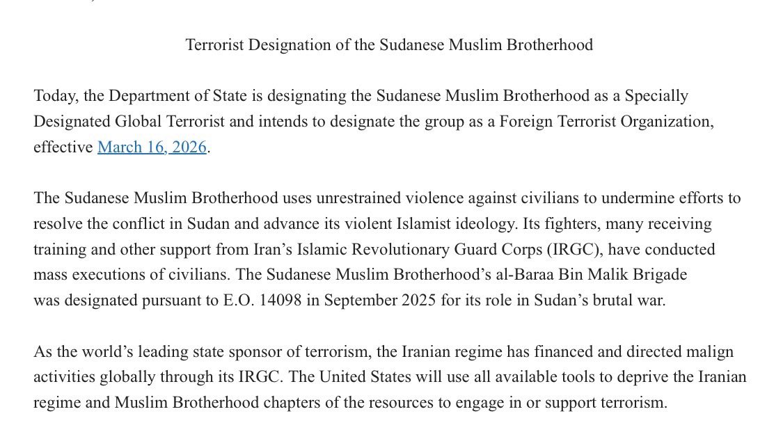 State is designating the Sudanese Muslim Brotherhood as a SDGT group and plans to label it an FTO. Cites training fighters received from Iran’s IRGC
