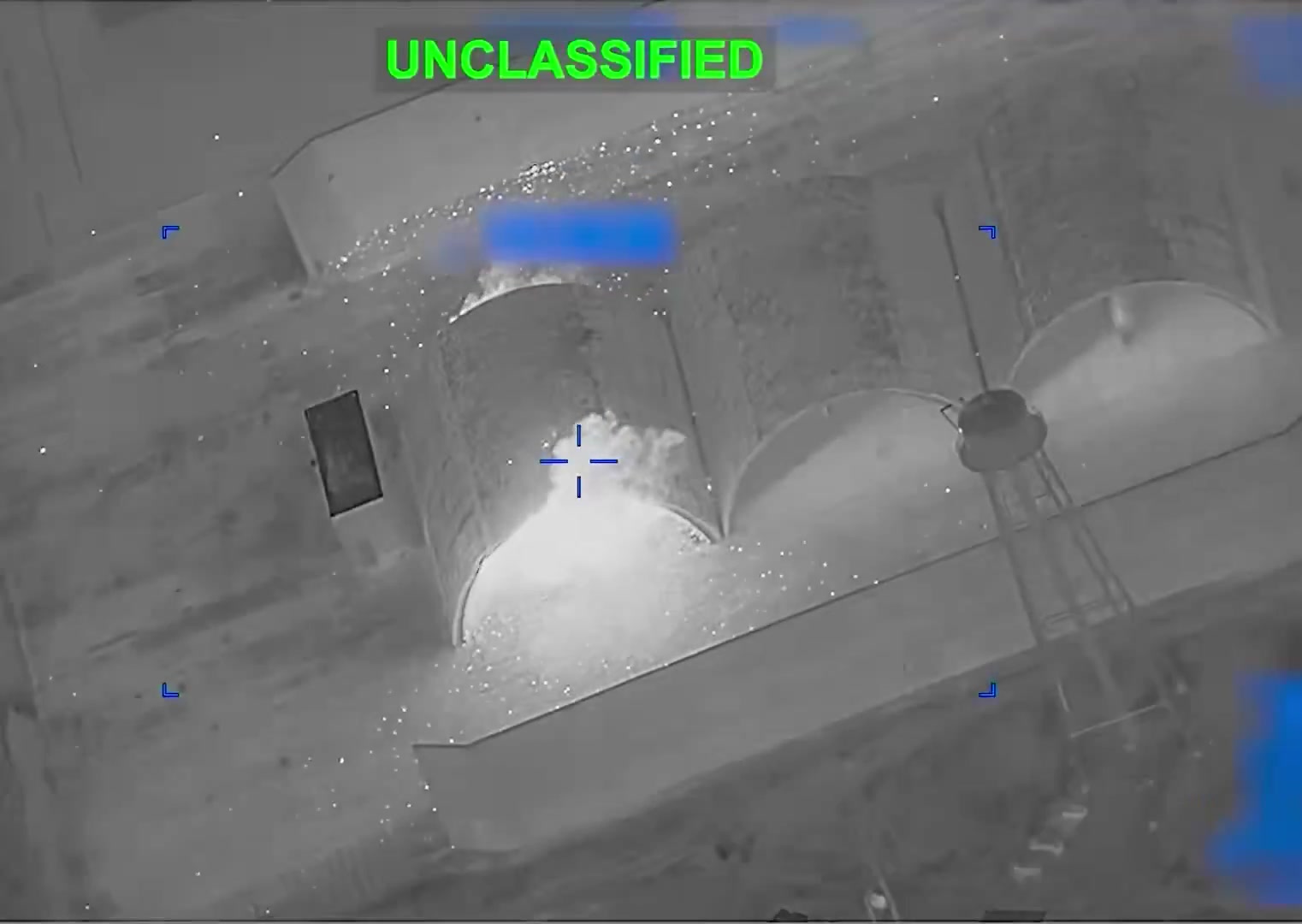 Footage of an American airstrike targeting an Iranian fighter still in its hardened aircraft shelter at Shiraz Airbase