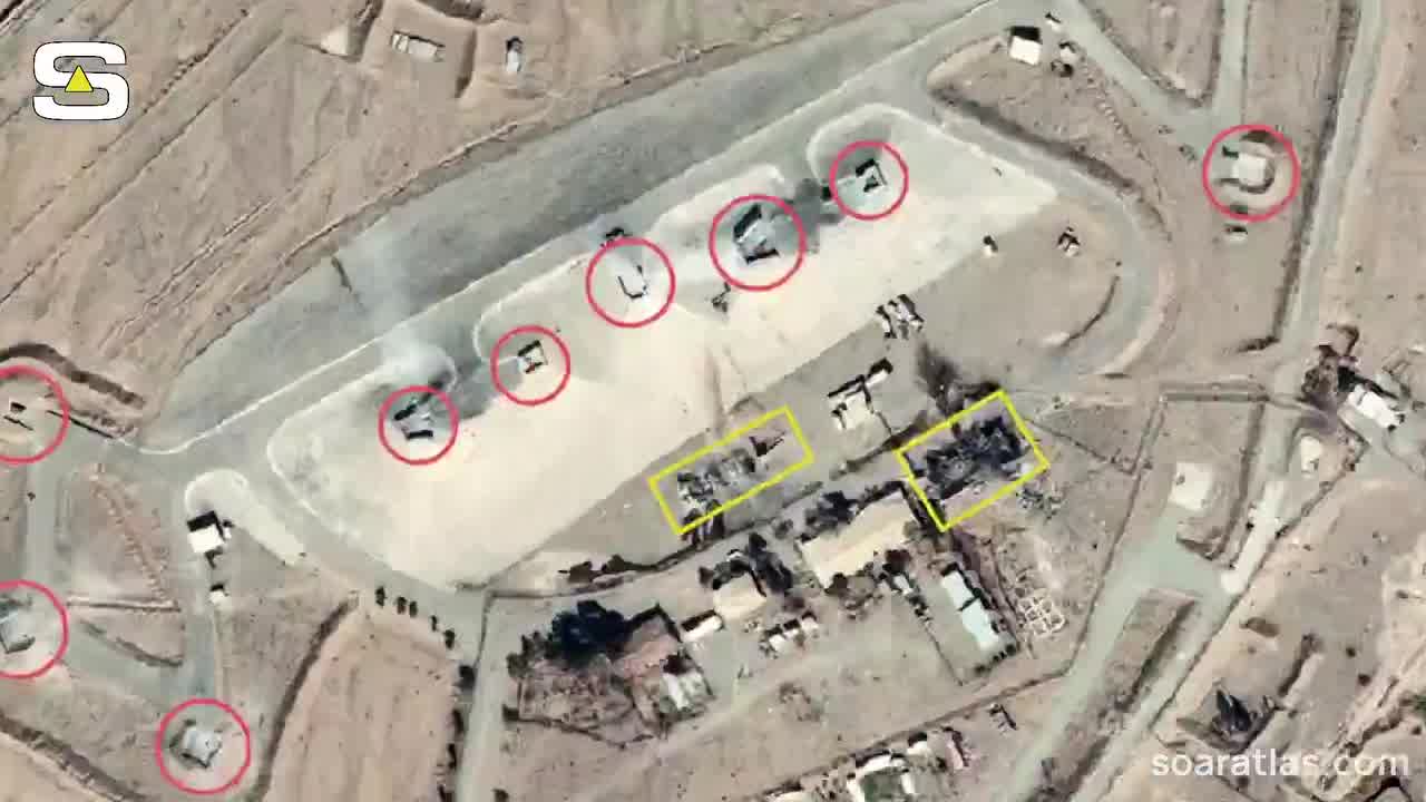 The effects of the airstrikes on an air defense site in Ghaniabad, Iran