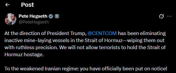 Hegseth li ser Îranê: Em ê nehêlin terorîst Tengava Hormuzê rehîn bigirin. Ji bo rejîma qelsbûyî ya Îranê: we bi fermî agahdar kiriye.