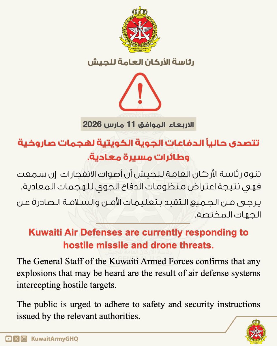 Kuwaiti air defenses are currently engaging missile and drone attacks. The General Staff of the Army notes that any explosions heard are a result of air defense systems intercepting the attacks. Everyone is urged to adhere to the safety and security instructions issued by the relevant authorities.