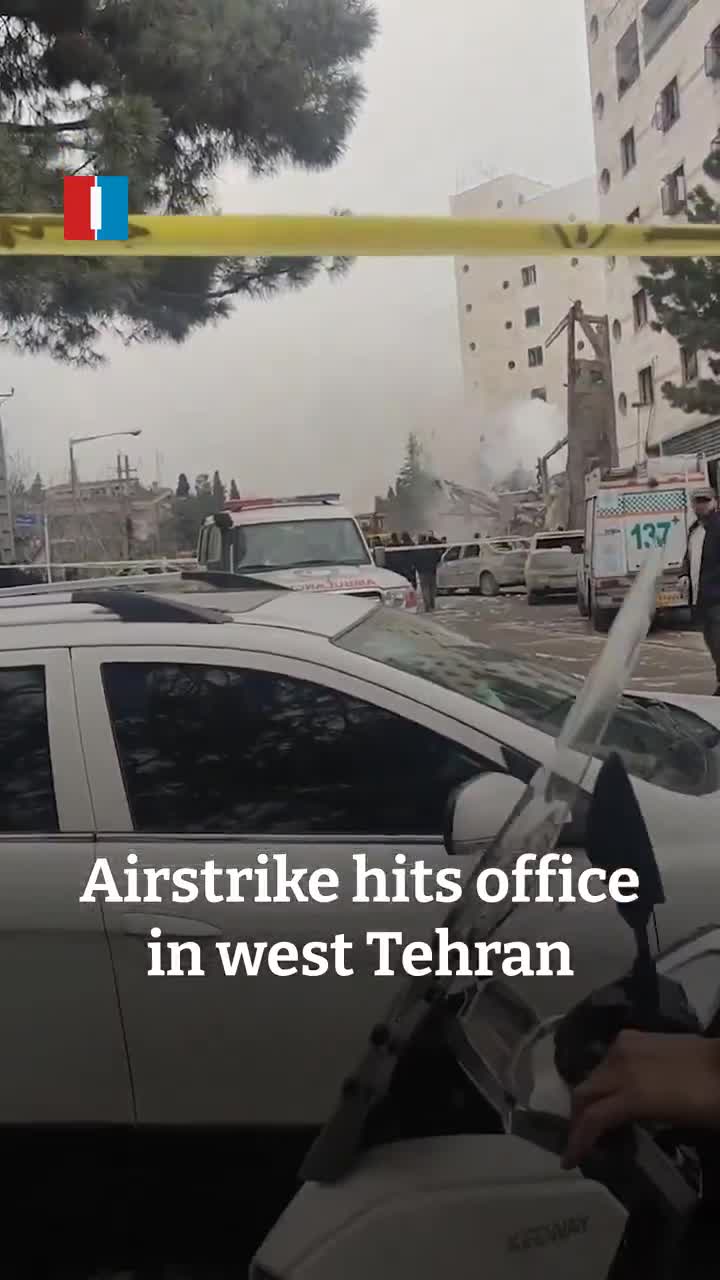 An airstrike on Monday hit an office building in Tehran’s western Shahrak-e Gharb district, videos published on social media showed, destroying the site and a ground floor bank branch