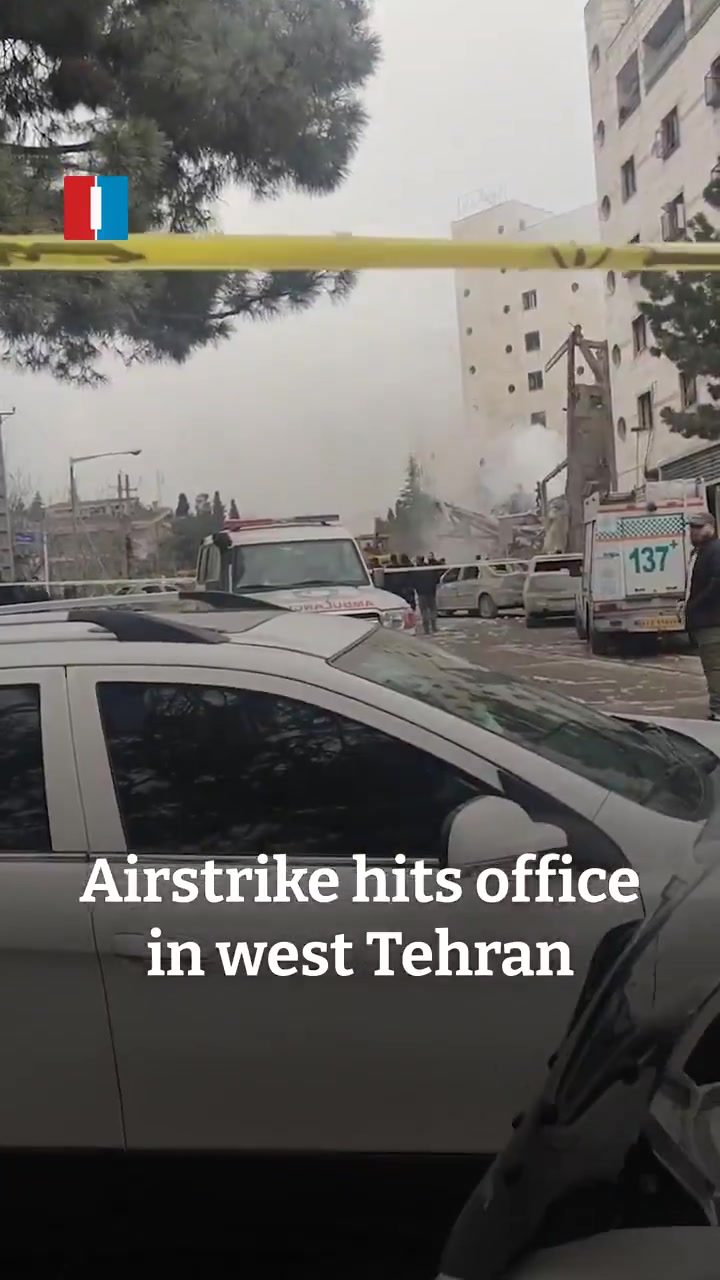 An airstrike on Monday hit an office building in Tehran’s western Shahrak-e Gharb district, videos published on social media showed, destroying the site and a ground floor bank branch