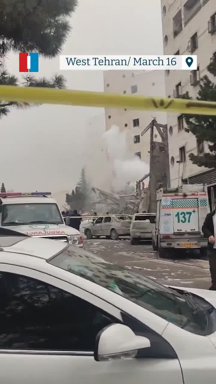 An airstrike on Monday hit an office building in Tehran’s western Shahrak-e Gharb district, videos published on social media showed, destroying the site and a ground floor bank branch