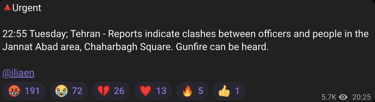 Reports indicate clashes between security forces and citizens around Chaharbagh Square in Tehran. The sound of gunfire can be heard, according to activist Ilia Hashemi