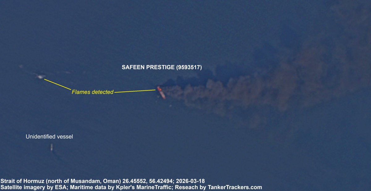 It appears that the Egyptian-owned, Maltese-flagged container ship SAFEEN PRESTIGE (9593517) may have been struck again overnight as she is suddenly burning following the initial strike on 2026-03-04 in the Strait of Hormuz