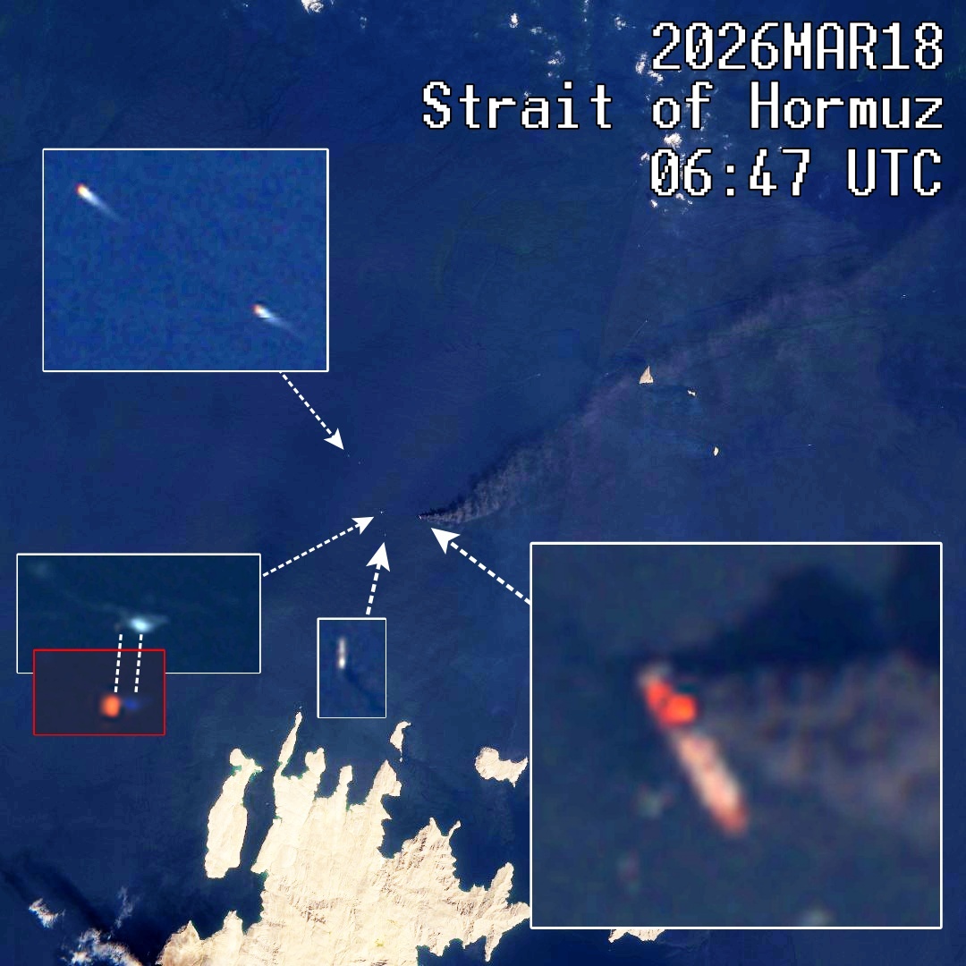Container ship spotted on fire TODAY in Strait of Hormuz at 26.4554, 56.4250 2 Iran  speedboats escaping fast 2.4 km to NW. Small vessel is on fire 1.5 km W of her with POSS a 70 m mil vessel, who gave combat, aproaching slow
