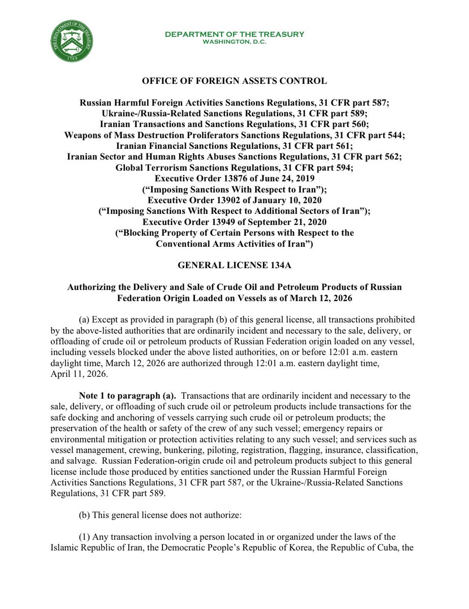 The US further eases Russian oil sanctions, now allowing also the sale of petroleum refined products (until now it was only crude oil) that were loaded into tankers by March 12. The relaxation is valid until April 11