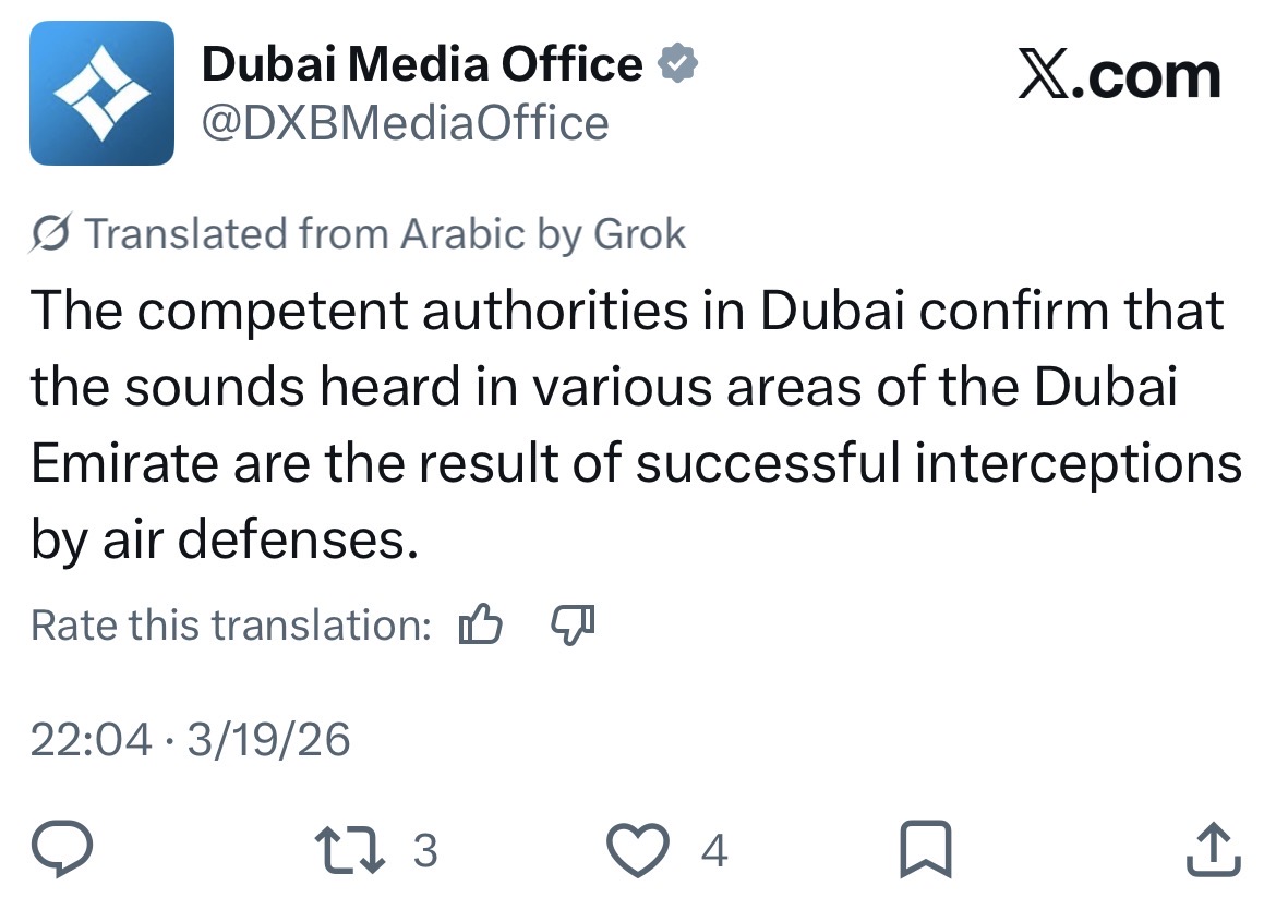 Following advisories from Kuwait and the United Arab Emirates on the activity of air defense systems due to Iranian strikes, the Dubai Media Office has said that explosions heard in Dubai are due to successful interceptions of Iranian ordnance