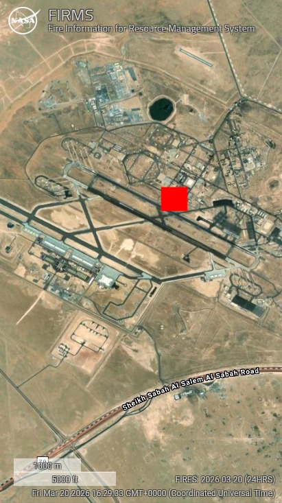 Iranian drone/missile strikes apperantly struck aircraft hangars at 29.3492, 47.52265 at Ali Al Salem Air Base in Kuwait today, with fires observed at the same location in NASA's Fire Information for Resource Management System