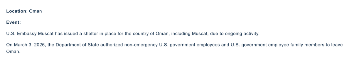 The U.S. Embassy in Muscat has issued a nationwide shelter-in-place alert for Oman due to ongoing activity”