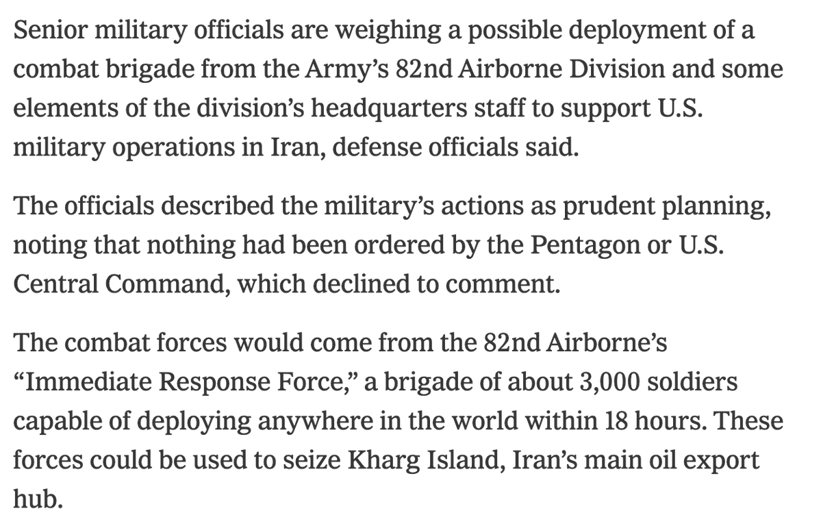 Pentagon officias are weighing a possible deployment of airborne troops to support U.S. military operations in Iran, defense officials said. - NYT