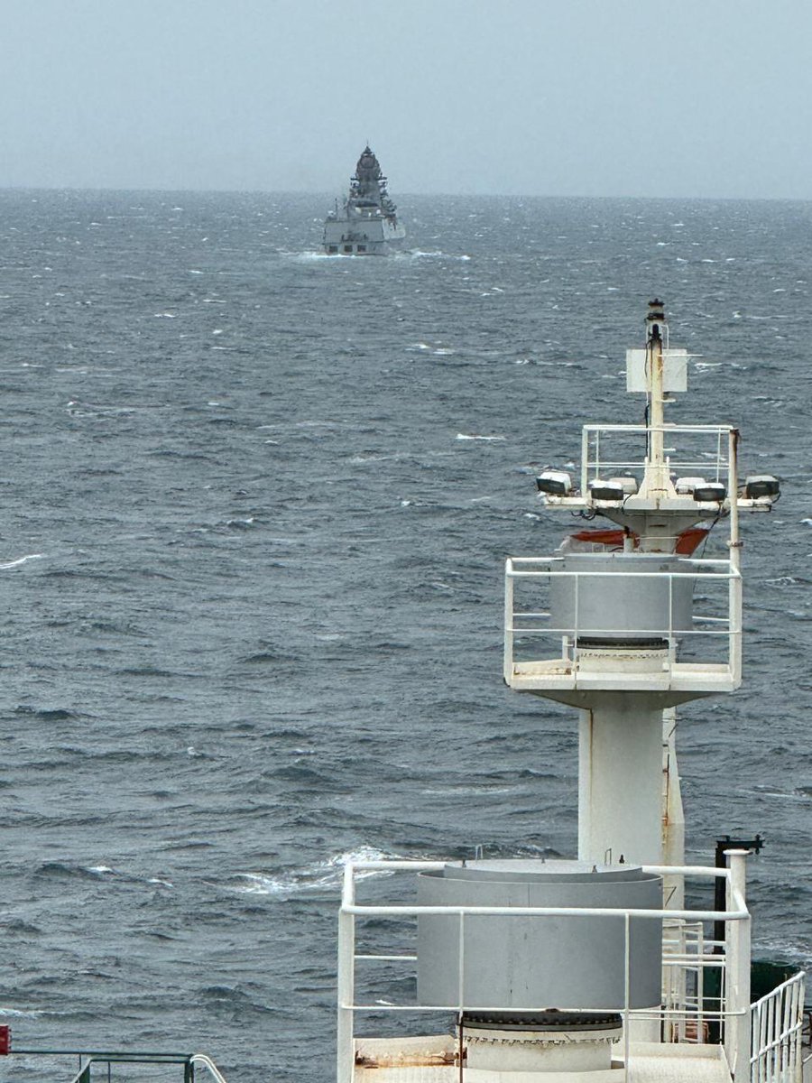 Visuals of Indian Navy escorting India bound LPG vessel Pine Gas which crossed Hormuz yesterday evening