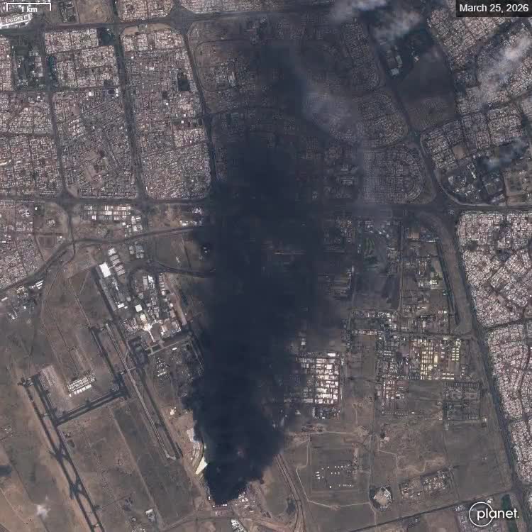 Massive plumes of fire were observed at Kuwait International Airport in Sentinel-2 L1C/L2A satellite imagery on 25 March, following an Iranian drone attack that struck fuel tanks located within the airport