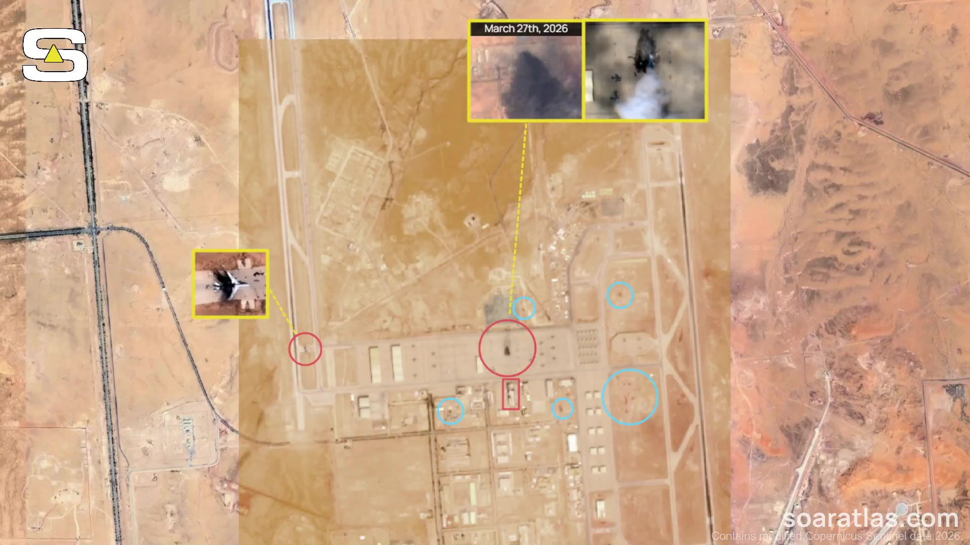 Satellite imagery from Mar 29th shows several strikes across the Prince Sultan Air Base in Saudi Arabia, confirming destruction to US E-3G Sentry and KC-135 aircrafts