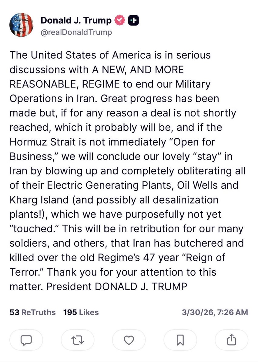 Trump's tweet in which he threatened to destroy Iranian oil wells and Kharg Island if no agreement is reached