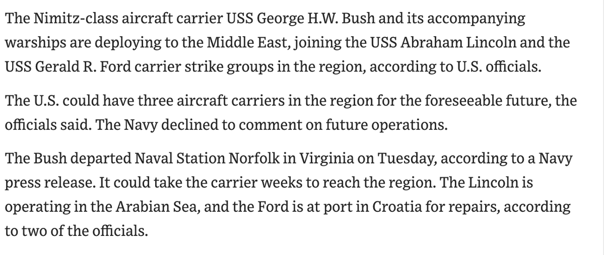 Le porte-avions USS George H.W. Bush se déploie au Moyen-Orient, rejoignant les groupes aéronavals des porte-avions USS Abraham Lincoln et USS Gerald R. Ford dans la région, selon des responsables américains. - WSJ