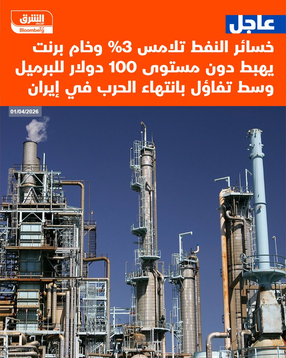 Oil losses reach nearly 3%, with Brent crude falling below $100 a barrel amid optimism about an end to the war in Iran.