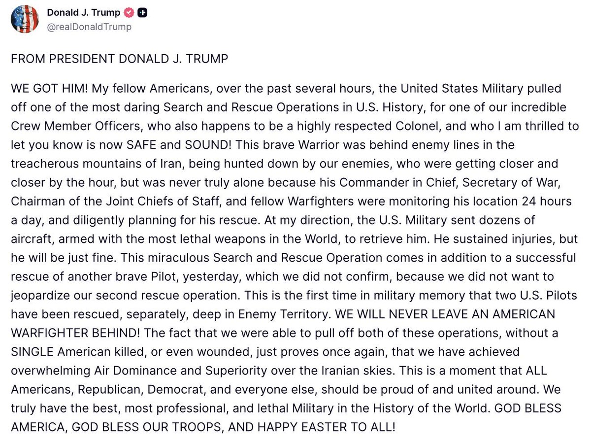 Trump confirms that the US rescued the wounded F-15E WSO after he evaded Iranian forces for over a day