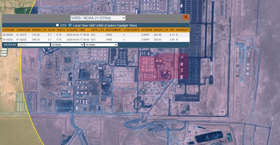Camp Buehring: The barracks & helicopter storage sites are reportedly on fire, according to NASA Firms satellite.   (Screenshot: @MerruX )