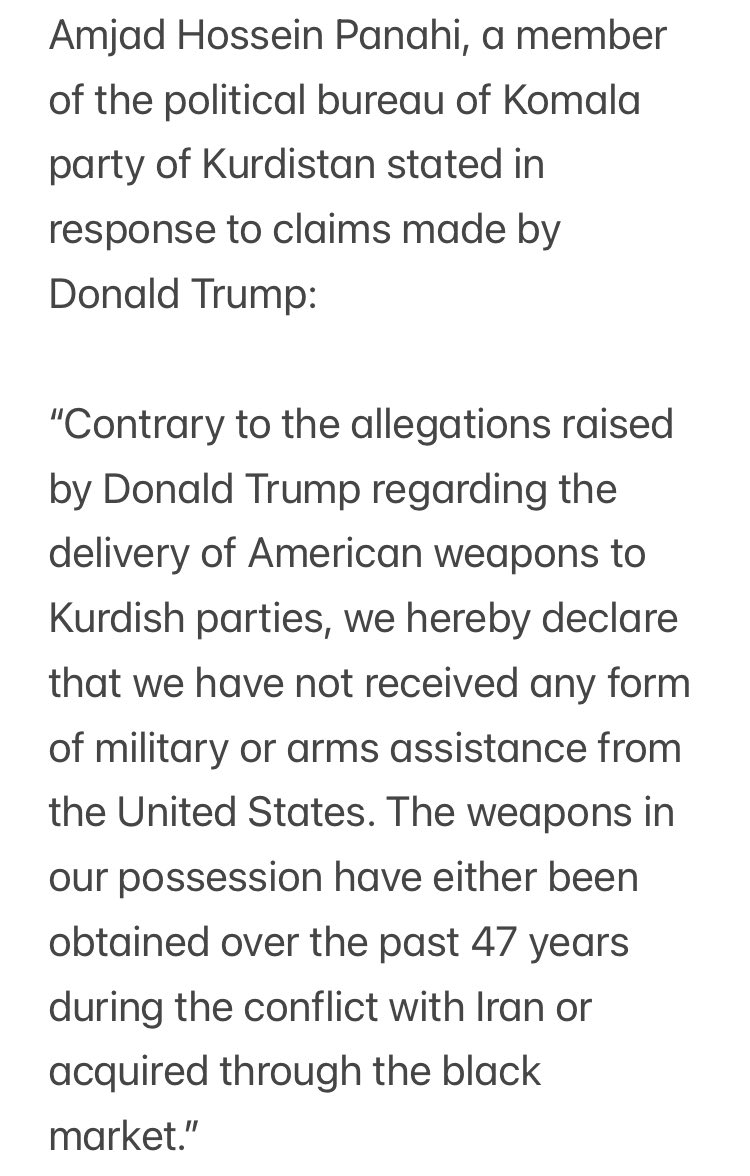 Different Iranian Kurdish parties denied claims of US President Donald Trump that the USA has sent weapons to Iranian protesters but Kurds took guns for themselves