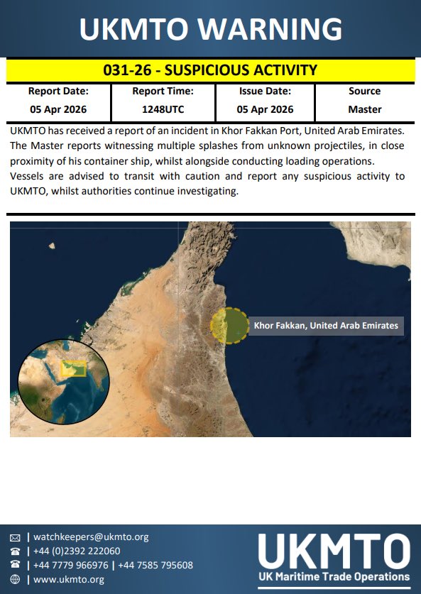 A container ship at the UAE’s Khor Fakkan Port reported several projectiles were fell in the water near the ship while conducting loading operations, UKMTO reports