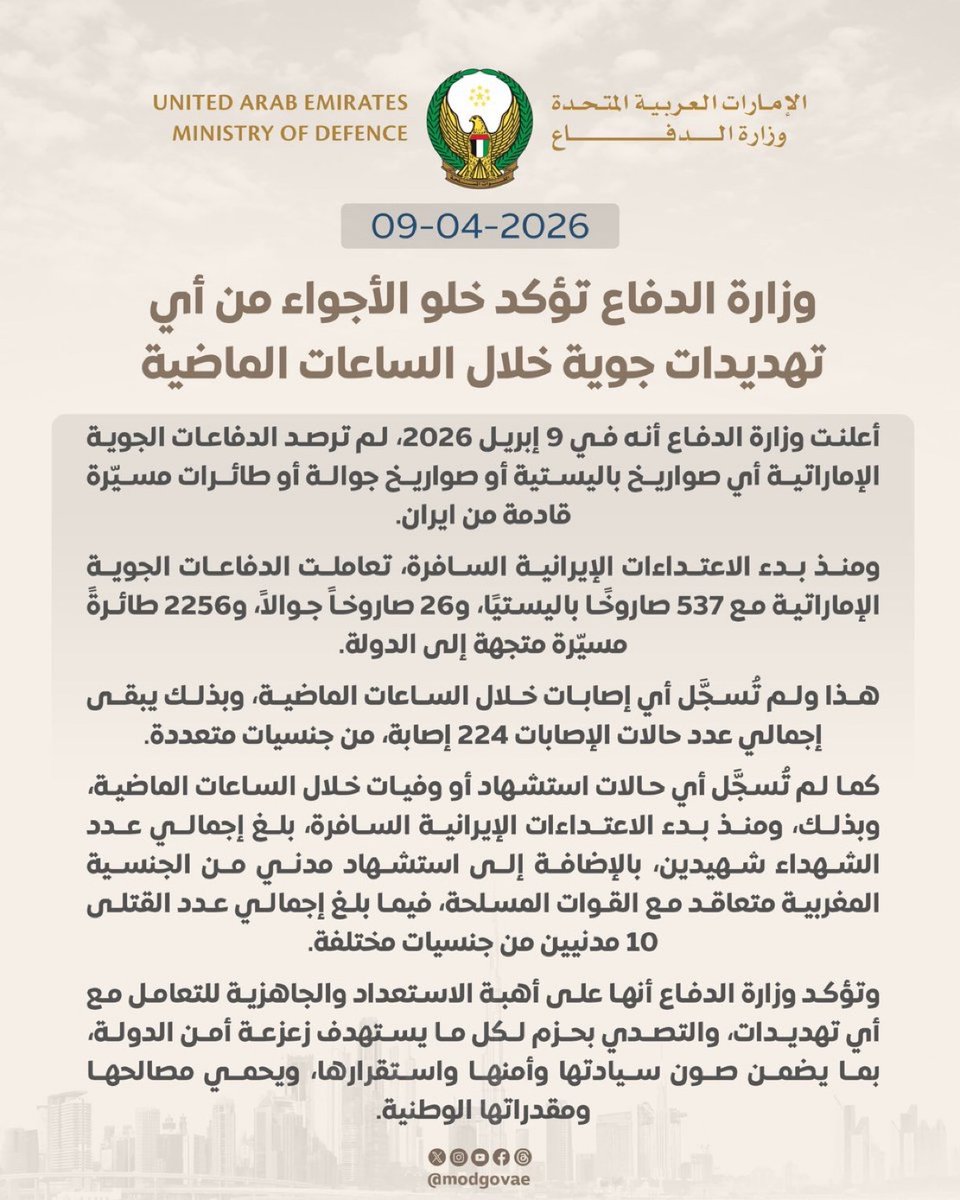 The United Arab Emirates Ministry of Defense has said that no Iranian cruise missiles, ballistic missiles, or drones were detected in the past hours on April 9
