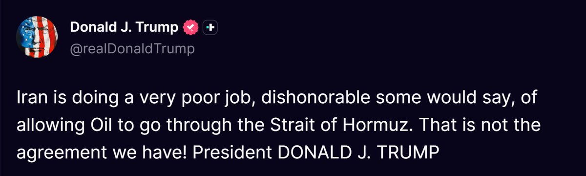 特朗普称伊朗没有履行允许石油通过霍尔木兹海峡的协议。