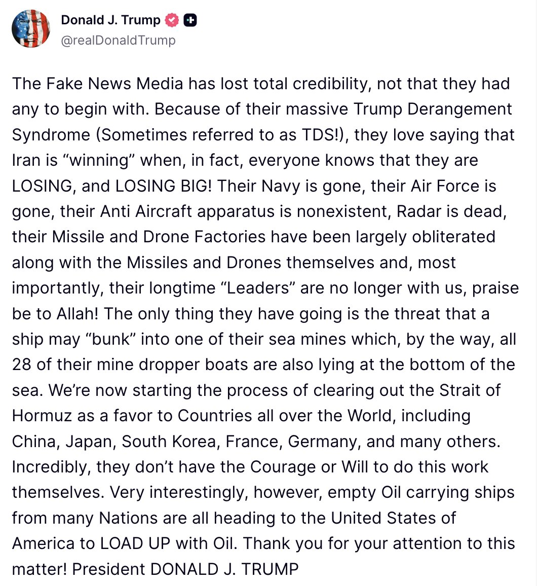 在巴基斯坦举行三方会谈之际，特朗普总统在 Truth Social 上就伊朗政权发帖称：最重要的是，他们长期的'领导人'已经不在人世了，赞美真主。