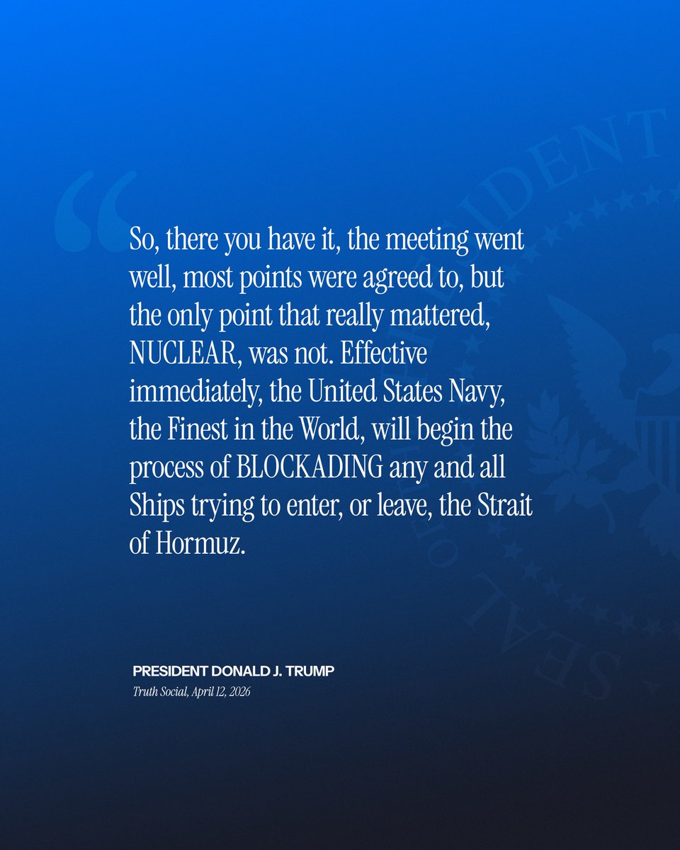 即日起，世界最精锐的美国海军将开始封锁所有试图进出霍尔木兹海峡的船只。——唐纳德·J·特朗普总统