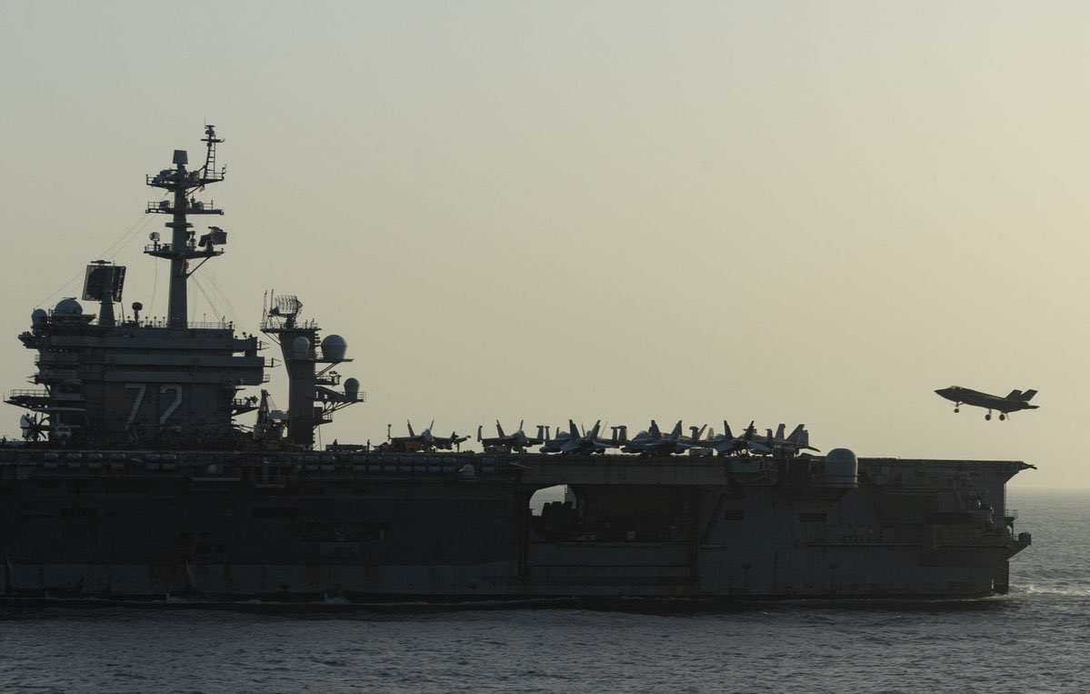 CENTCOM: “USS Abraham Lincoln (CVN 72) conducts U.S. blockade operations in the Arabian Sea, April 16. The ship's embarked carrier air wing includes eight F-35C stealth fighters, F/A-18 fighter jets, EA-18G electronic attack aircraft, E-2D command and control planes, MH-60 helicopters and CMV-22B Ospreys for logistics support.”