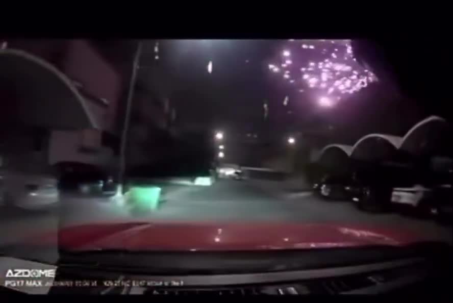 Footage showing what appears to be a missile interceptor exploding during an Iranian ballistic missile attack over Kuwait today