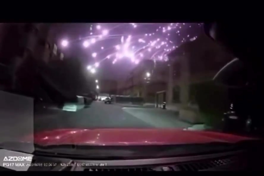 Footage showing what appears to be a missile interceptor exploding during an Iranian ballistic missile attack over Kuwait today