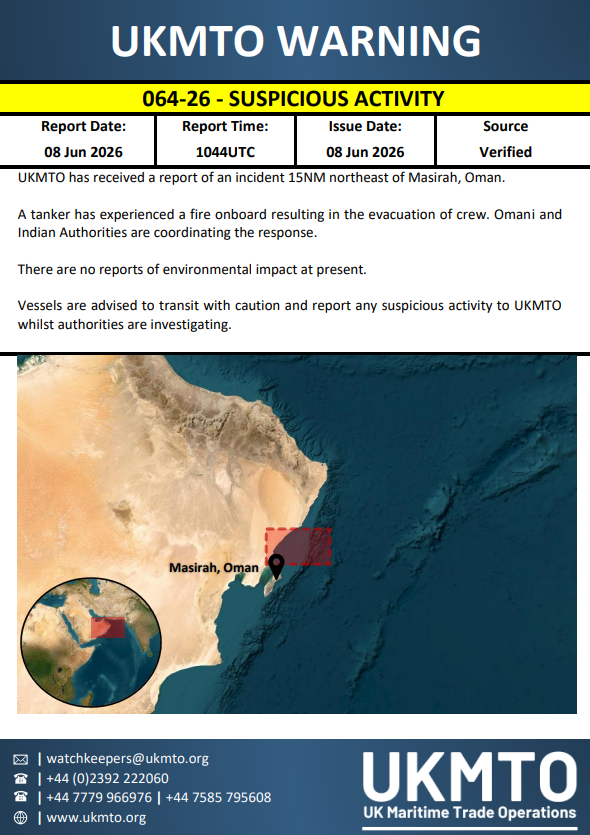 The United Kingdom Maritime Trade Operations Center has issued an advisory after receiving a report of a fire aboard a tanker 15 nm from Masirah, Oman, resulting in the evacuation of the crew. Omani and Indian authorities are responding, and the cause is under investigation