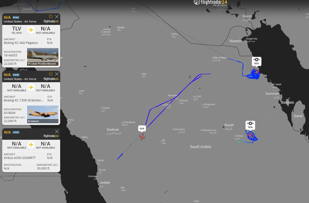 Now active over Saudi Arabia: Two U.S. Air Force aerial refueling aircraft and a Royal Saudi Air Force A330 MRTT tanker