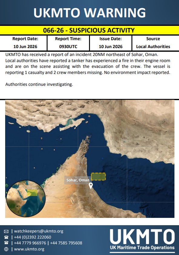 بحسب وكالة رويترز، نقلاً عن مجموعة الأمن البحري البريطانية أمبري، فإن ناقلة النفط التي ترفع علم بالاو والتي تعرضت لانفجار صباح اليوم مما تسبب في اندلاع حريق في غرفة المحركات قبالة سواحل عُمان، من المرجح أن يكون ذلك نتيجة لضربة صاروخية أمريكية في إطار عمليات الحصار المستمرة ضد إيران.