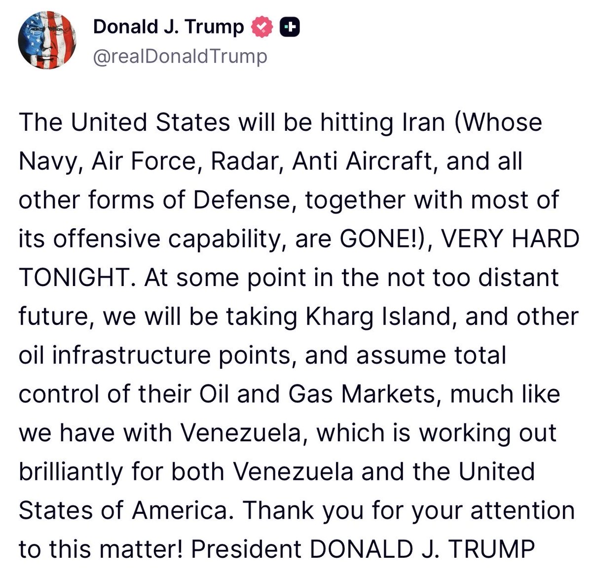 Trump, ABD'nin bu gece İran'a çok sert bir darbe indireceğini söyledi ve Kharg Adası ile diğer önemli petrol altyapılarını ele geçirmekle tehdit ederek, Washington'ın İran'ın petrol ve doğalgaz piyasalarının tam kontrolünü ele geçireceğini iddia etti.