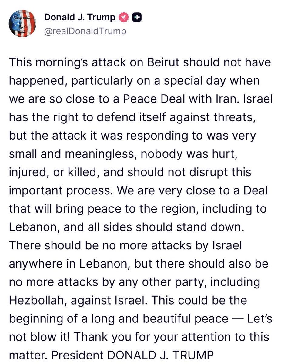 US President Donald Trump says Israel's strike on Beirut should not have happened, calling it disproportionate and warning it risks undermining a near-final peace deal with Iran