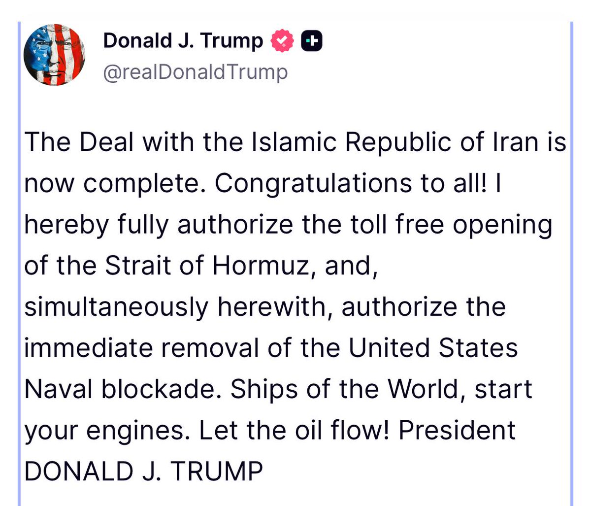 “Congratulations to all”: Trump says Iran deal is complete, with toll free Strait of Hormuz reopening and immediate blockade removal