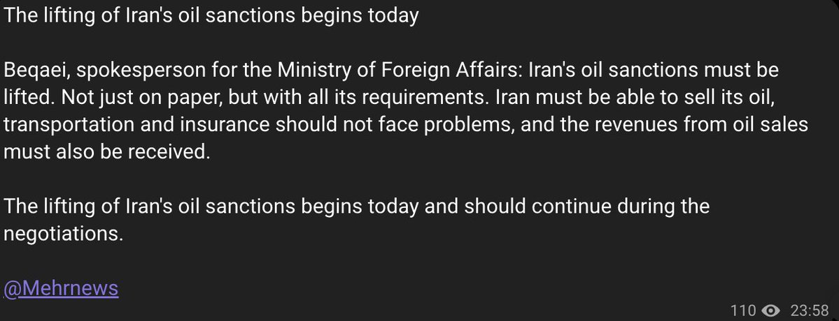 The lifting of Iran's oil sanctions begins today and should continue during the negotiations, according to Iran's MFA Spokesperson -Mehr