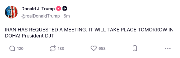 President Donald J. Trump has posted to Truth Social stating that representatives from the U.S. and Iran will meet tomorrow in Doha, Qatar after Iran requested a meeting