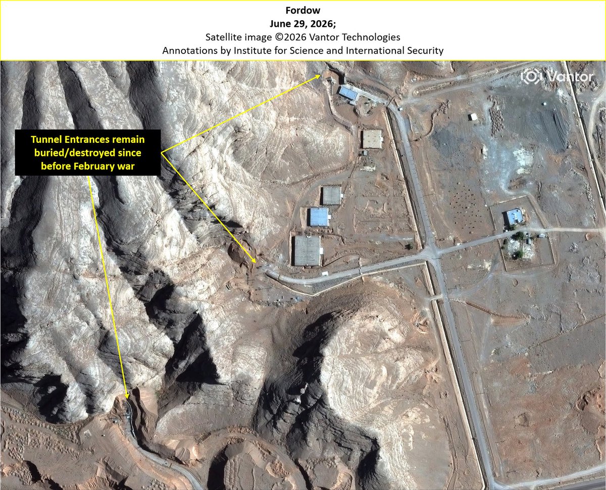 The Institute for Science and International Security TheGoodISIS publishes a status update on the main nuclear sites in Iran: Natanz - almost no visible activity. Access to the underground enrichment halls has not yet been restored, and the AGMs in the complex are still destroyed. The main and backup electrical systems are still down, and the HVAC units are still scattered throughout the complex. Pickaxe Mountain - Vehicle traffic was observed on the roads leading to the western tunnel entrances, which apparently indicates continued work inside the facility and strengthening of the tunnel entrances. On the other hand, the tunnel entrances in the eastern complex were partially blocked with dirt and are inaccessible to vehicles. Fordow - Dirt and rock obstacles along the access roads to the tunnels were placed two months ago, creating a winding path that slows down vehicle traffic towards the tunnels. The tunnel entrances themselves are still blocked with dirt. Isfahan (ENTC) - As of June 29, 2026, no new activity was observed, and the tunnel entrances are still blocked